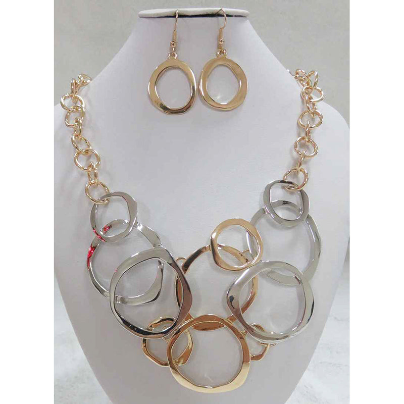 Statement Geometric Rings Two Tone Contemporary Bib Necklace Earrings Set, 12"+3" Extender