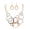 Statement Geometric Rings Two Tone Contemporary Bib Necklace Earrings Set, 12"+3" Extender