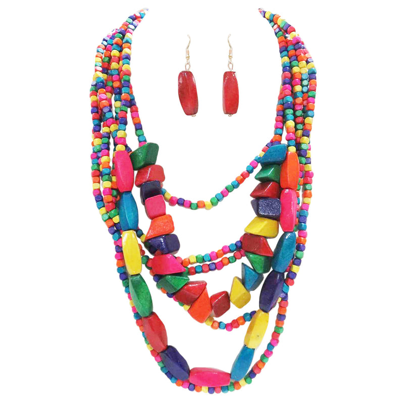 Colorful Kaleidoscope Multi Strand Natural Wood Bead Necklace Earrings Set, 22"+3" Extender