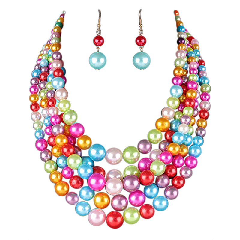 Multi Strand Simulated Pearl Bib Necklace and Earrings Jewelry Set, 16"-19" with 3" Extender (Rainbow)
